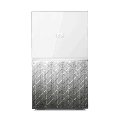 White and silver rectangular external hard drive. Top is white, bottom is silver, patterned. Angled view.