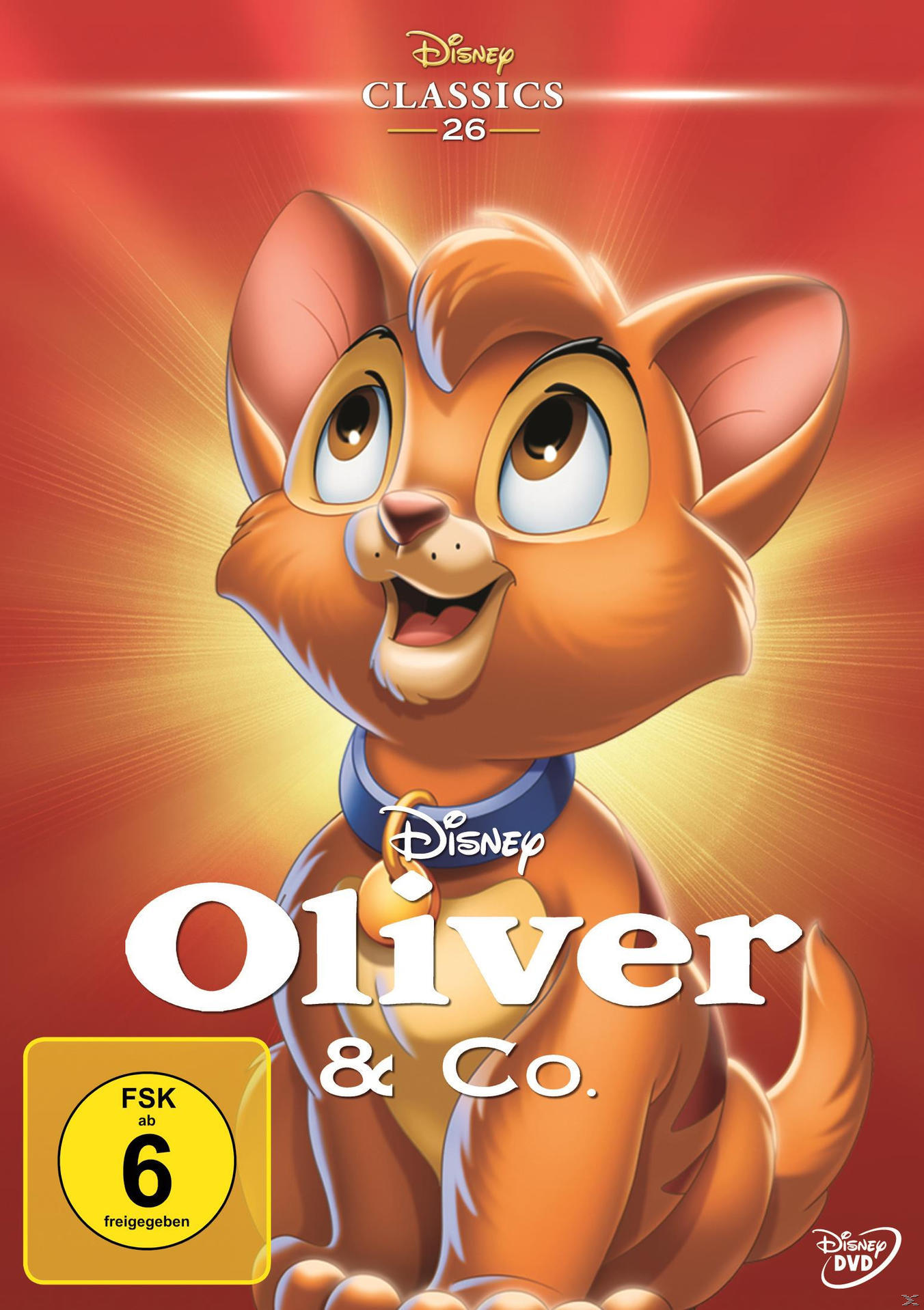 Disney's Oliver & Co. DVD-Cover. Orangefarbenes Kätzchen schaut nach oben. Roter Hintergrund, Text 'Oliver & Co'.