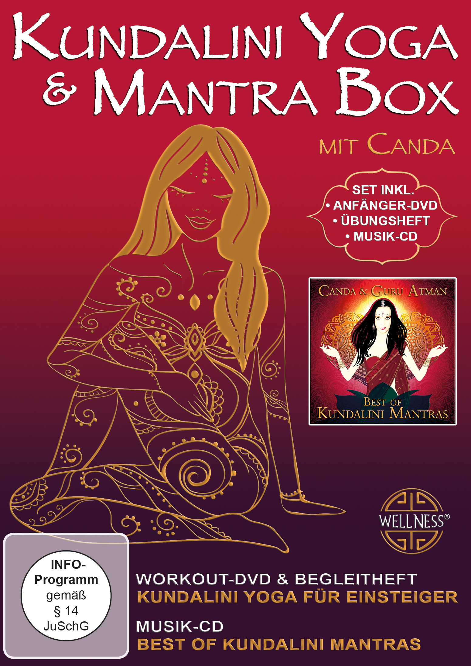 DVD-Cover von Kundalini Yoga & Mantra Box, mit Frau, Text und Boxinhalt.