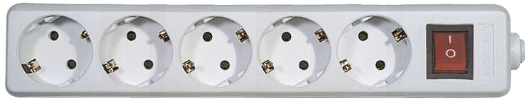 Fehér elosztó öt aljzattal, piros be/ki kapcsolóval és kábellel.