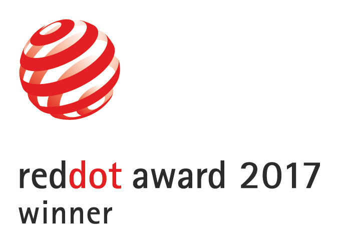 Red Dot Award 2017 Gewinner Logo. Rote Kugel und Text auf weißem Hintergrund.
