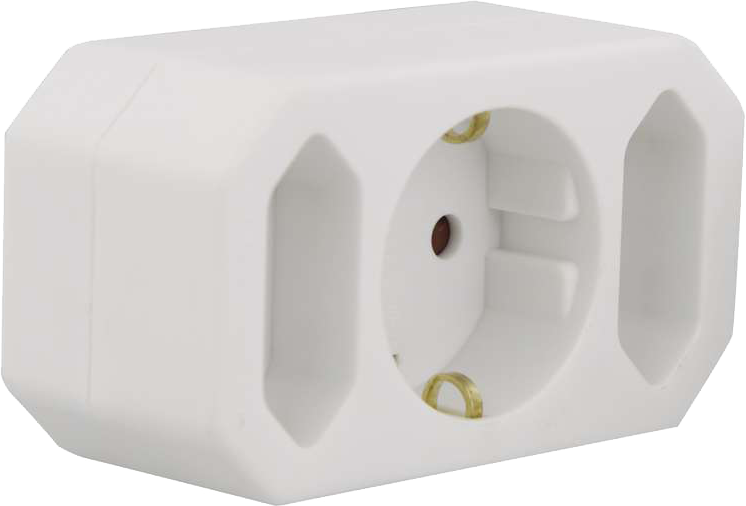 Fehér, nyolcszögletű elektromos aljzatadapter két aljzattal. A közepén egy lyuk van.