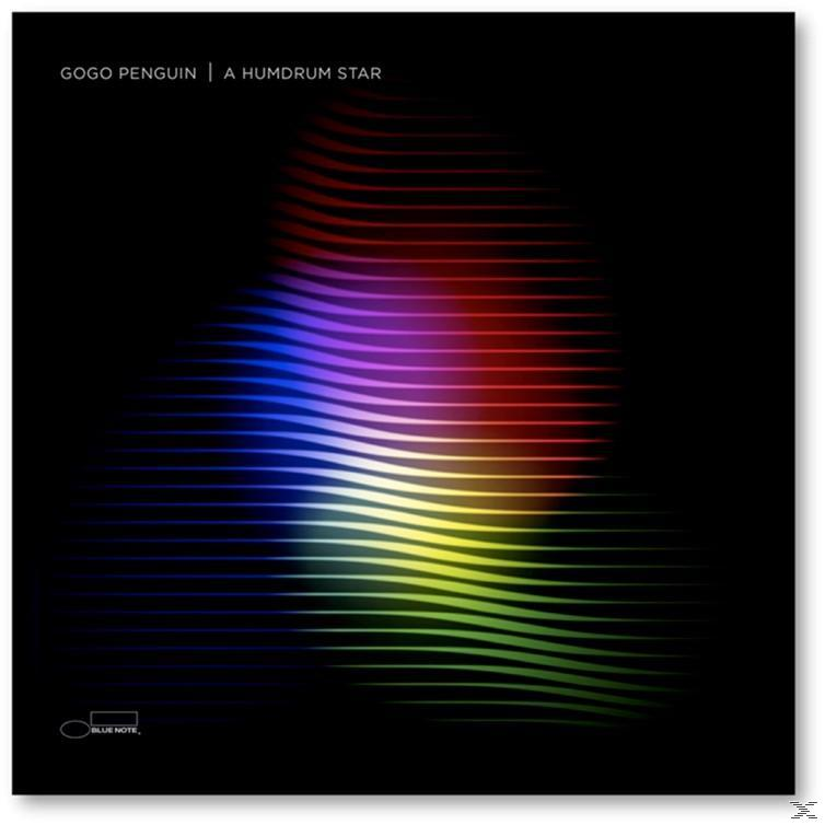 Abstraktes Bild mit bunten Linien, Titel 'GOGO PENGUIN | A HUMDRUM STAR', Blue Note Logo.