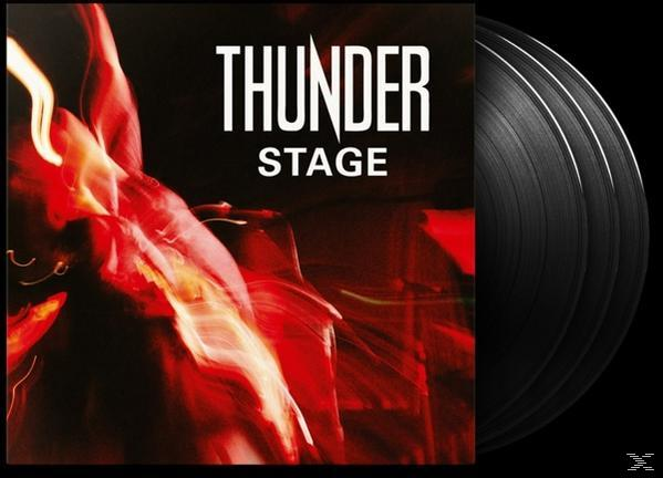 Schallplatten-Albumcover. Das Album trägt den Titel 'Thunder Stage' mit einem roten und schwarzen abstrakten Hintergrund.