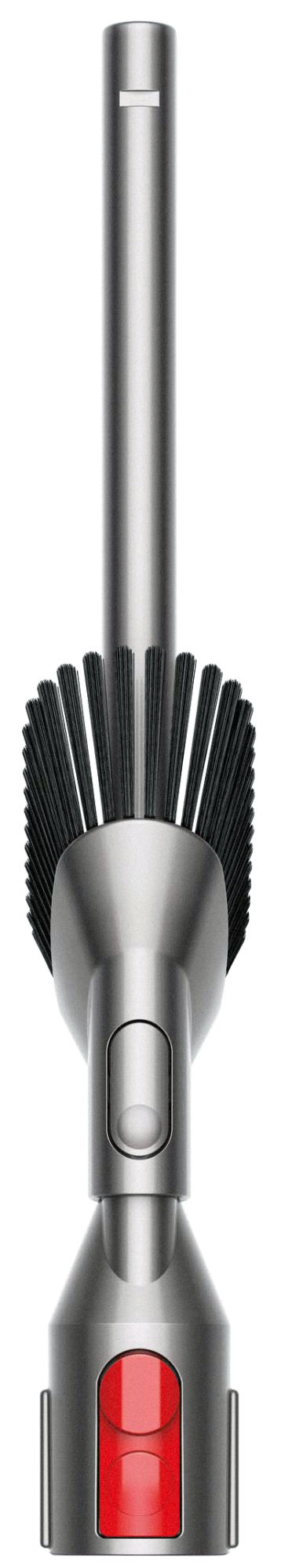 Ein silberner Dyson Staubsaugeraufsatz mit schwarzen Borsten und einem roten Knopf.