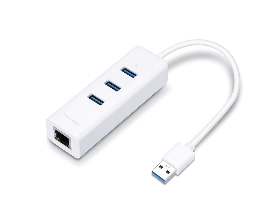 Üç USB portlu, USB konektörlü ve beyaz kablolu beyaz USB hub.
