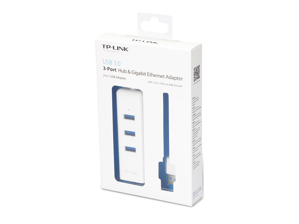 Beyaz TP-Link USB 3.0 hub, beyaz kablo ile. Hub'da 3 USB bağlantı noktası var.
