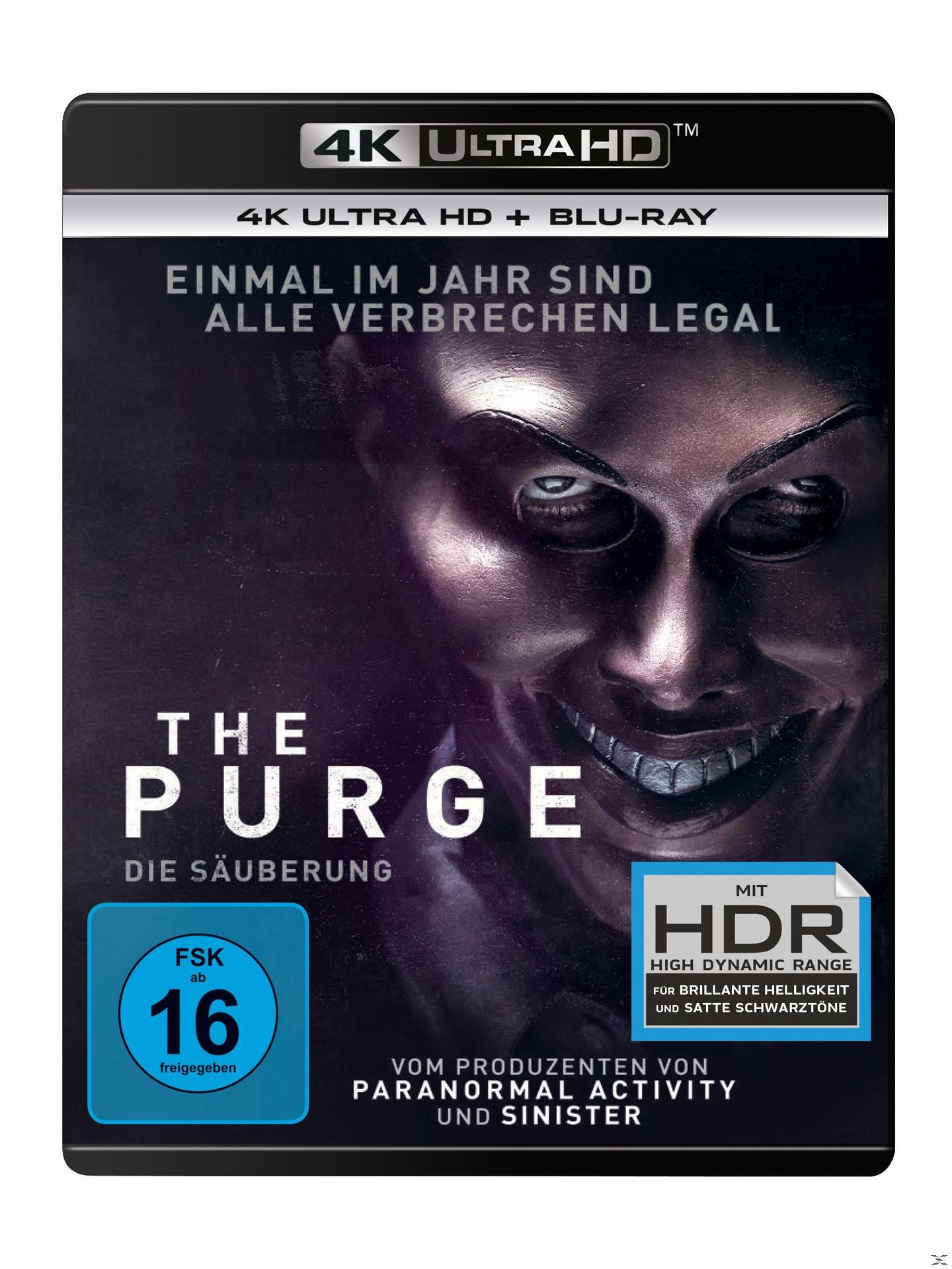 The Purge Blu-ray Cover: Ein gruseliges Gesicht mit weißer Maske. Fettgedruckter Text 'THE PURGE' und anderer Text ist sichtbar.