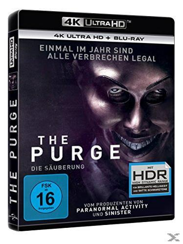Eine DVD-Hülle für den Film „The Purge“. Das Cover zeigt ein maskiertes Gesicht auf schwarzem Grund.