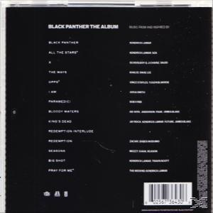 Achterkant van Black Panther: The Album. Tracklist en credits worden weergegeven op een zwarte achtergrond.