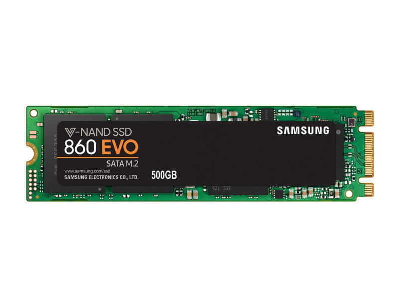 SSD-Laufwerk, grüne Leiterplatte mit einem schwarzen Modul in der Mitte mit der Aufschrift 'V-NAND SSD 860 EVO'.