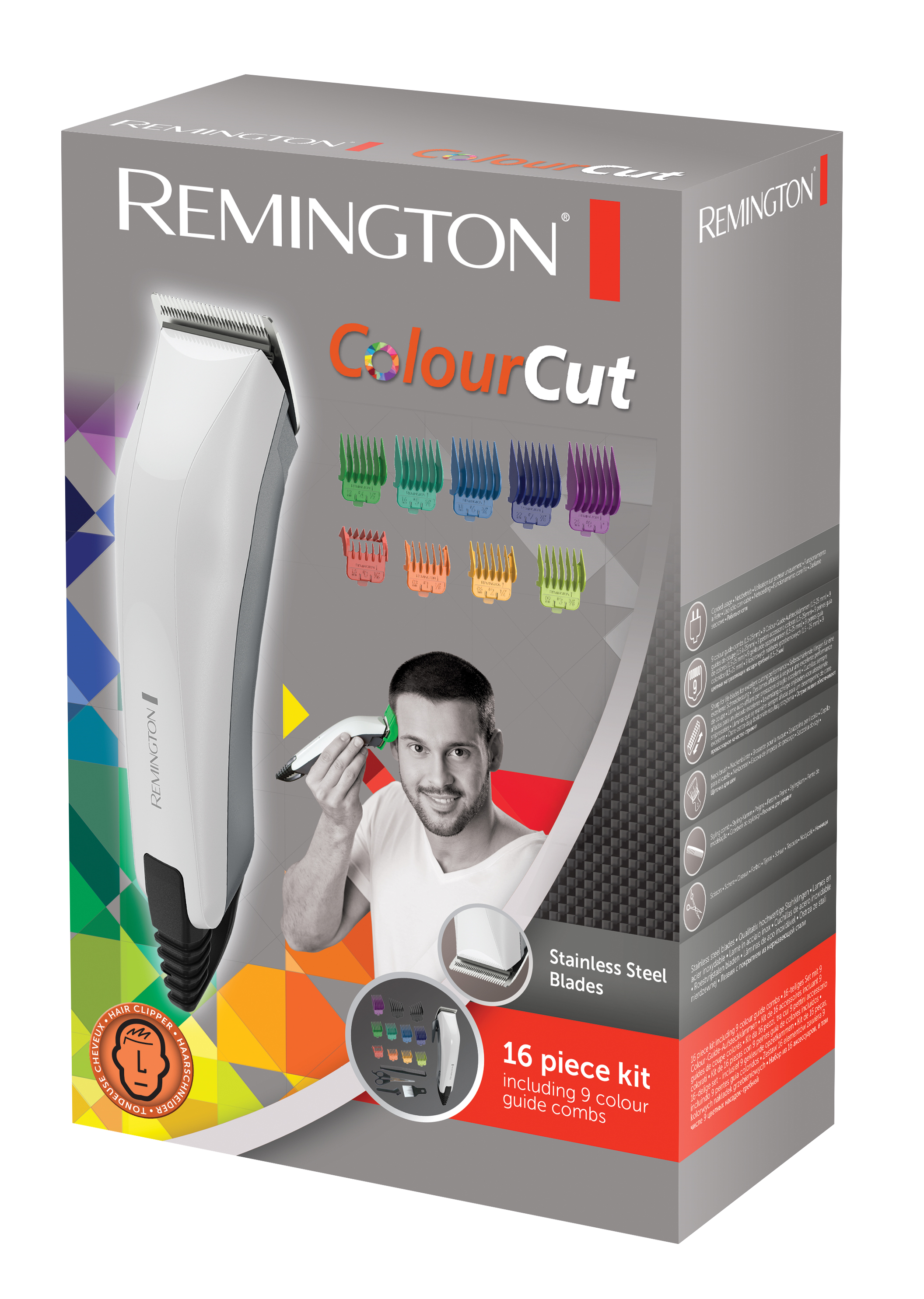 Box with a man holding a trimmer and color-coded hair guides.