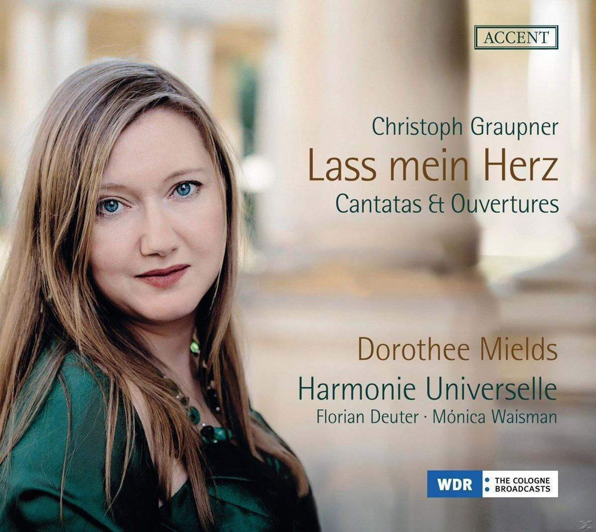 Albumcover: Dorothee Mields, Christoph Graupner. Frau mit blauen Augen, grünem Oberteil, Text.