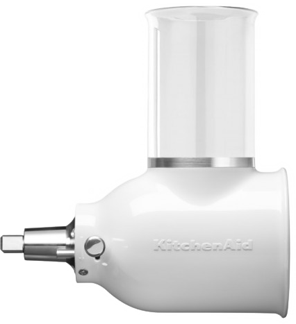 Fehér KitchenAid étel daráló tartozék. Hengeres teteje és a KitchenAid logója van.