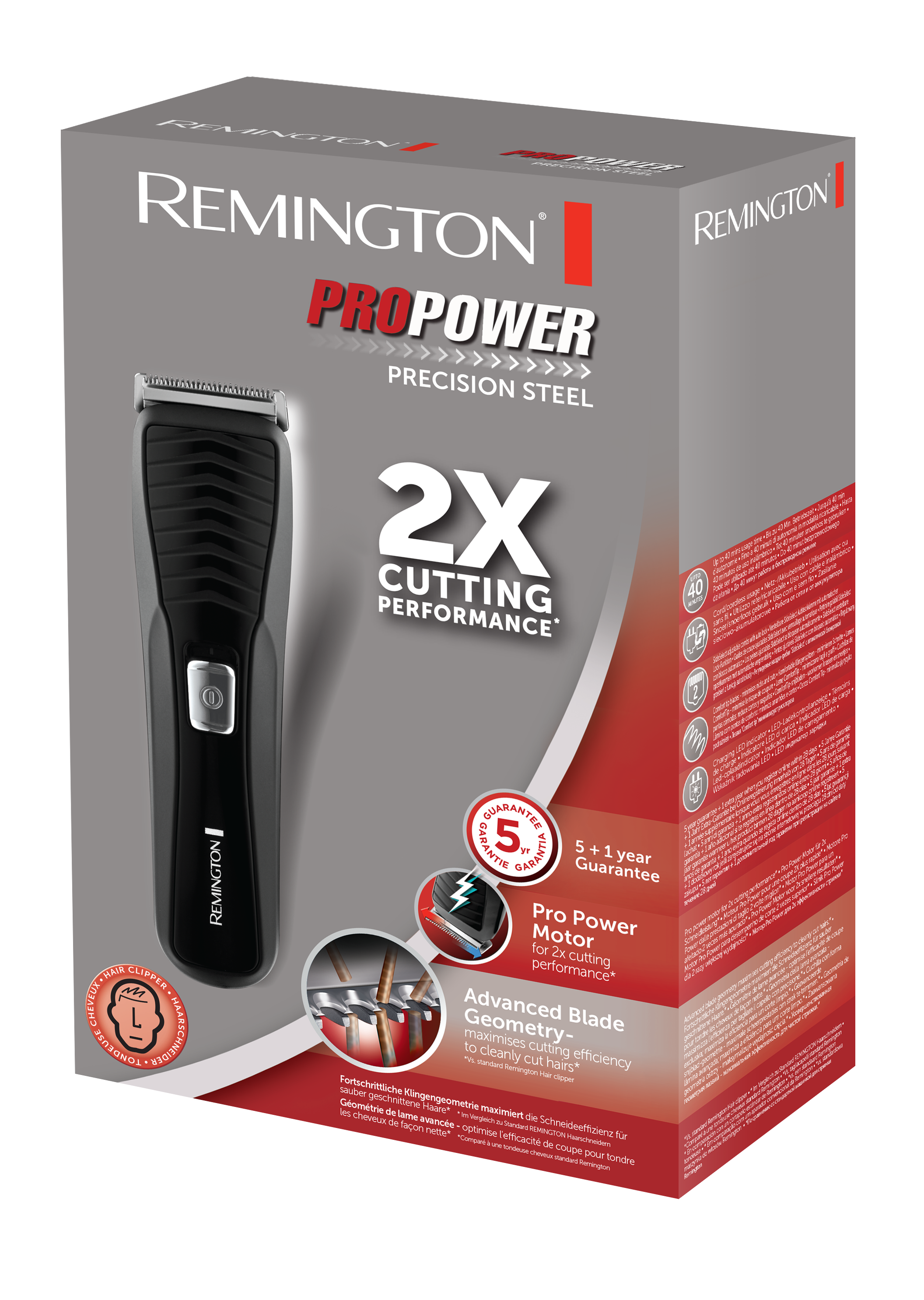 Egy doboz egy Remington Pro Power hajvágóhoz. A hajvágót és a funkcióit bemutató szöveget jeleníti meg.