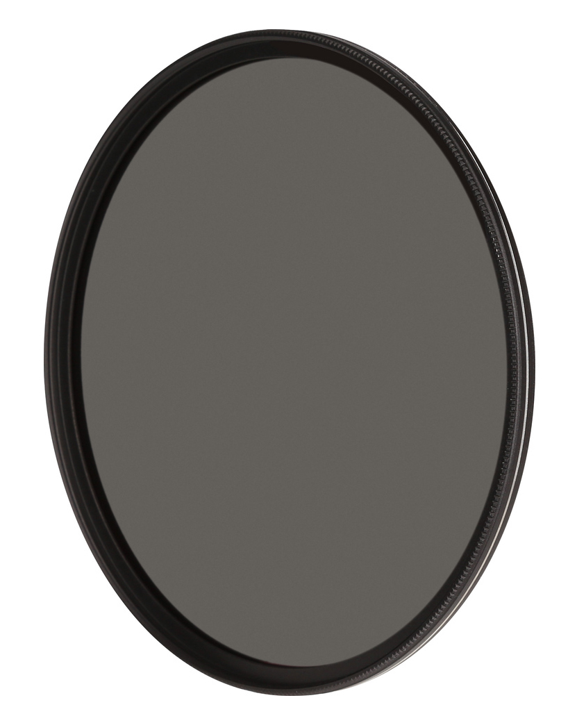 A circular, dark gray camera filter with a black, textured rim. The center is a solid, opaque gray.