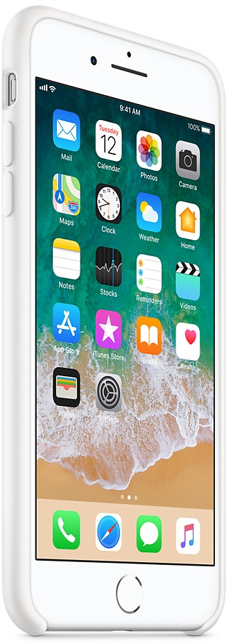 Witte iPhone met een witte hoes. Scherm toont app-pictogrammen, waaronder App Store en instellingen.