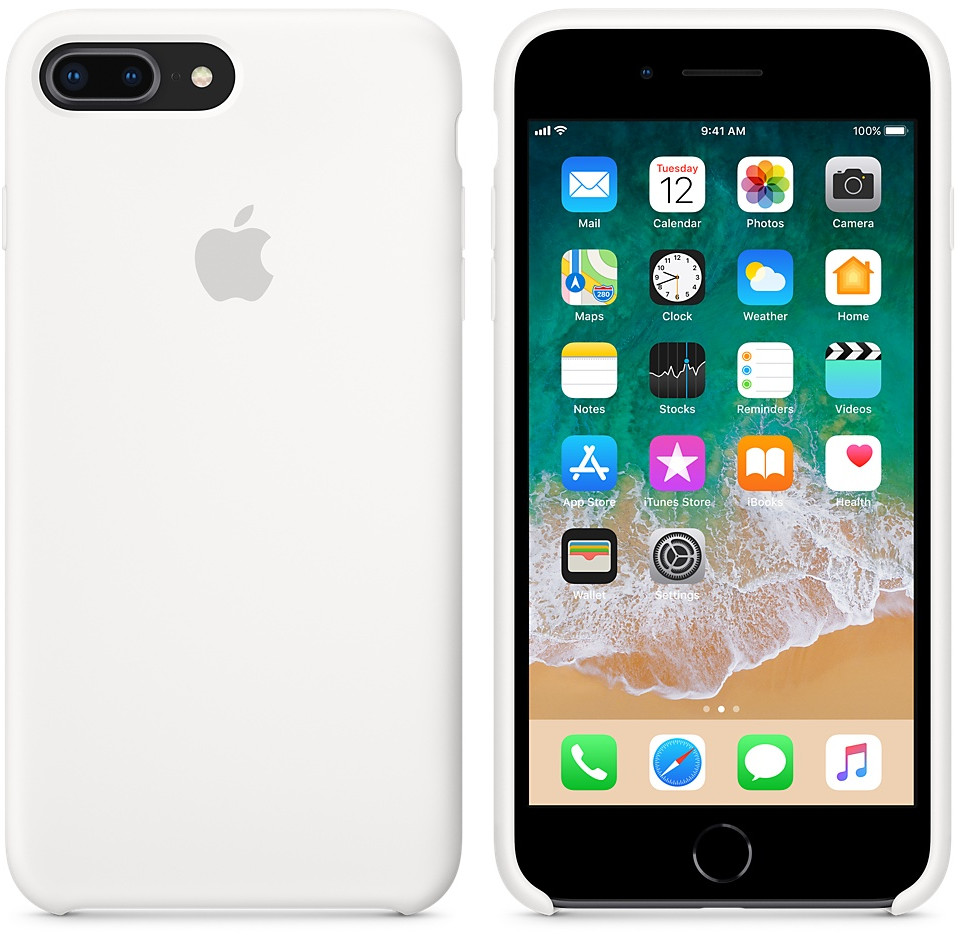 Witte telefoonhoes met Apple-logo. Een telefoon met apps is zichtbaar.