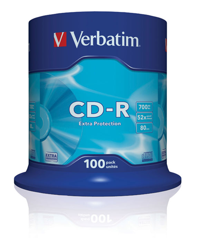 Ein zylinderförmiger Behälter mit CD-R-Discs mit dem Markennamen 'Verbatim' auf der Vorderseite.
