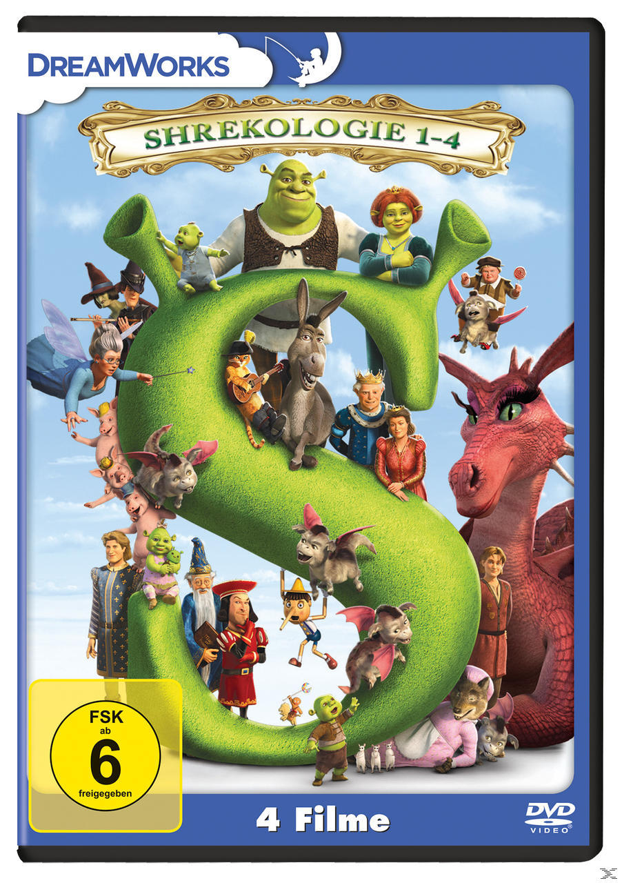 DVD-Cover von Shrekology 1-4, mit Shrek, Fiona, Donkey und anderen Figuren, grüner Hintergrund.