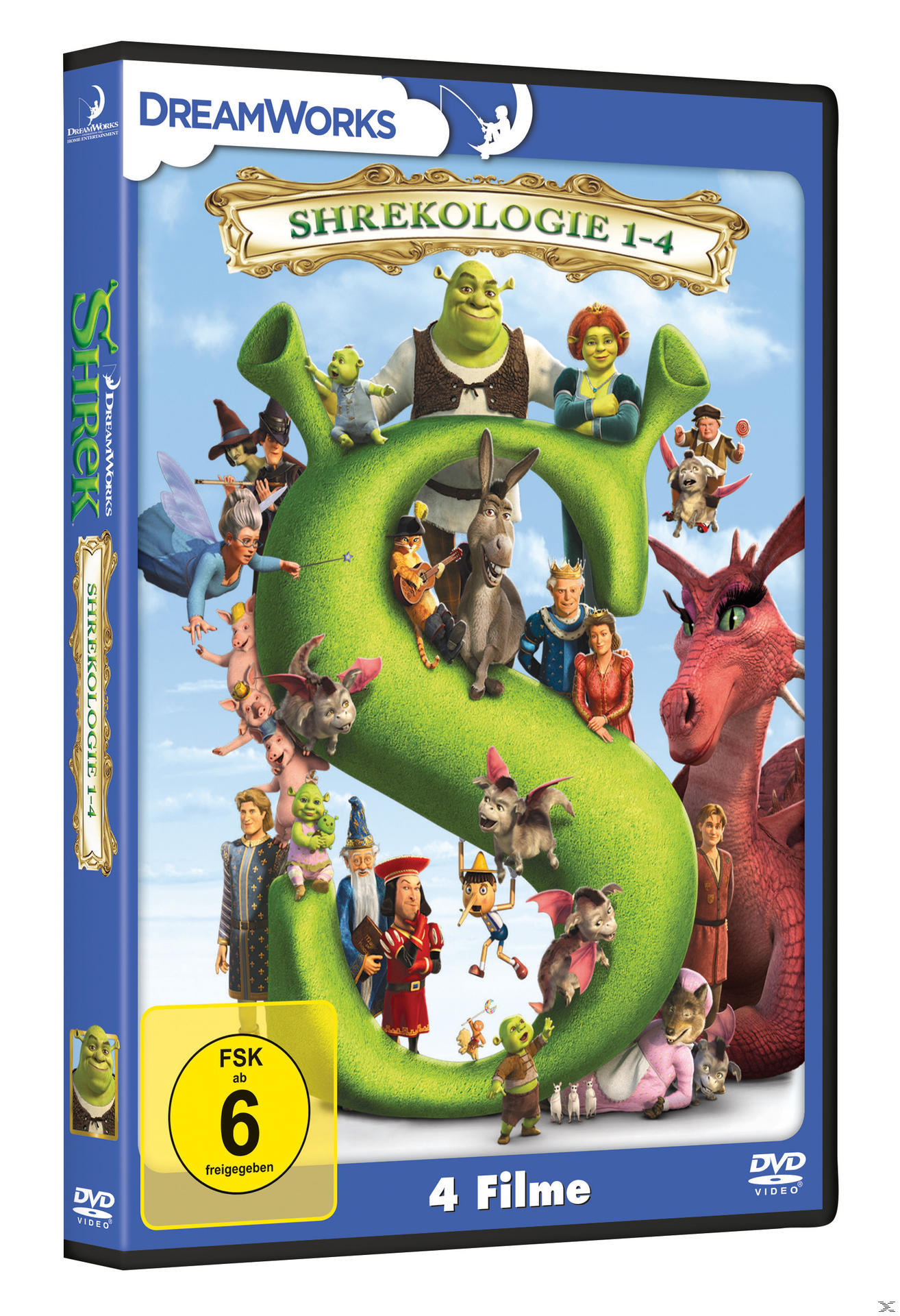 Eine DVD-Hülle der Shrek-Filme mit Shrek und Charakteren in einem grünen S.