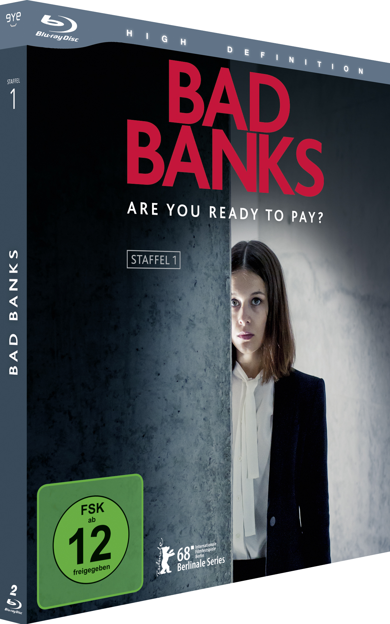 DVD-Hülle für die Serie Bad Banks. Eine Frau in einem Blazer ist abgebildet, mit dunklem Hintergrund.