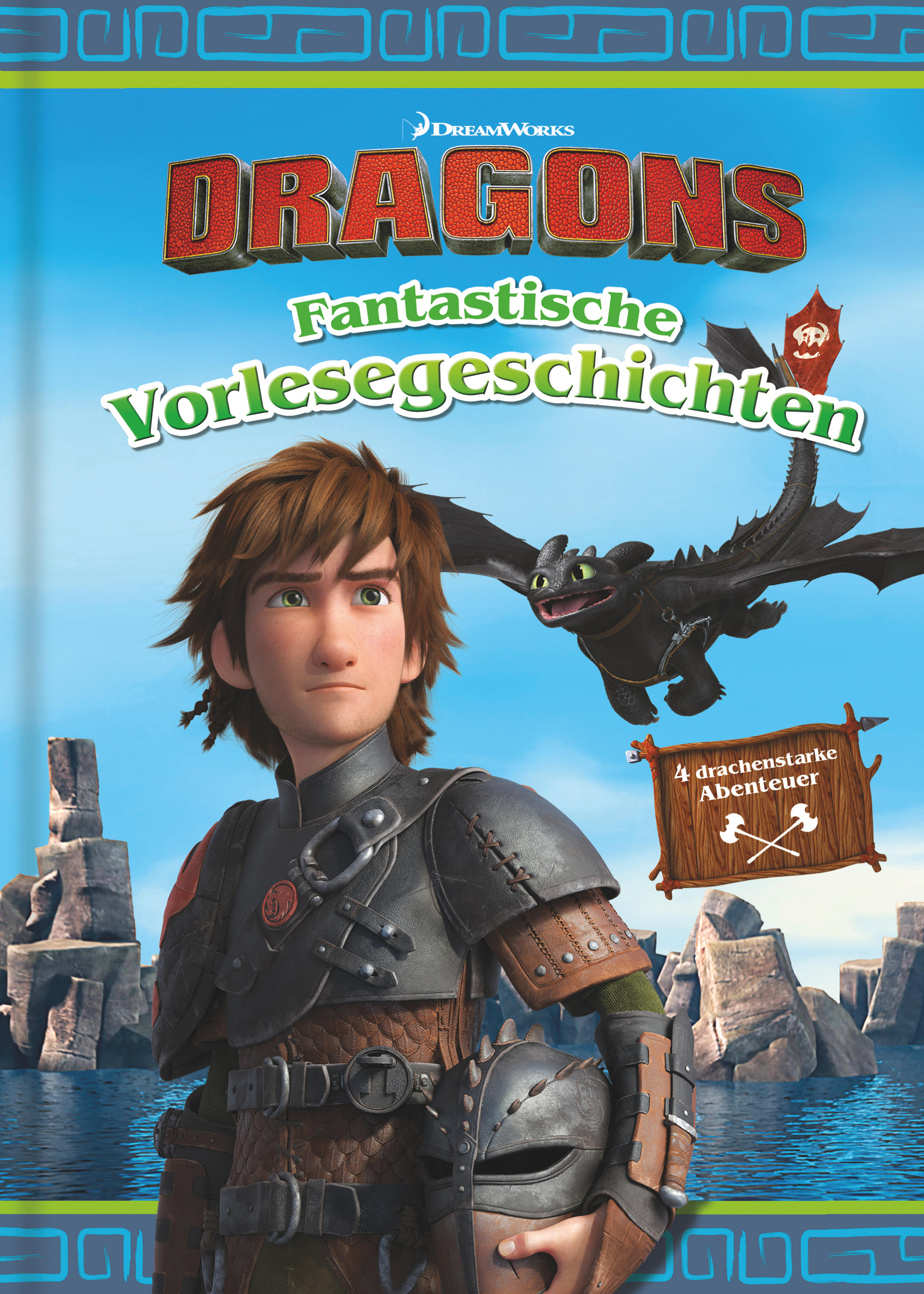 Drachen-Buchcover: Hicks und Ohnezahn fliegen, mit Wald- und Wasserhintergrund.