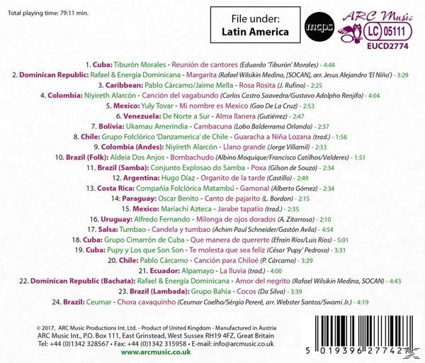 Rückseite einer CD mit einer Titelliste lateinamerikanischer Musik. Enthält Künstlernamen und Spieldauer.