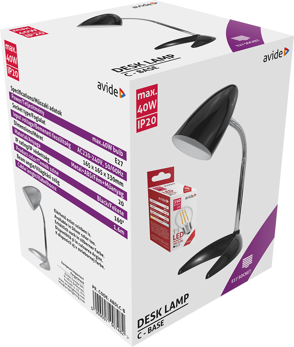 AVIDE ABLDLC-B C talpú LED asztali lámpa E27 4W, fekete