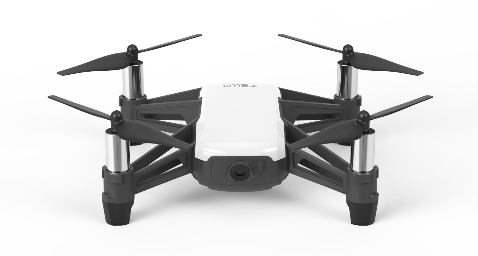 White and black Tello drone with four propellers. Grey background.