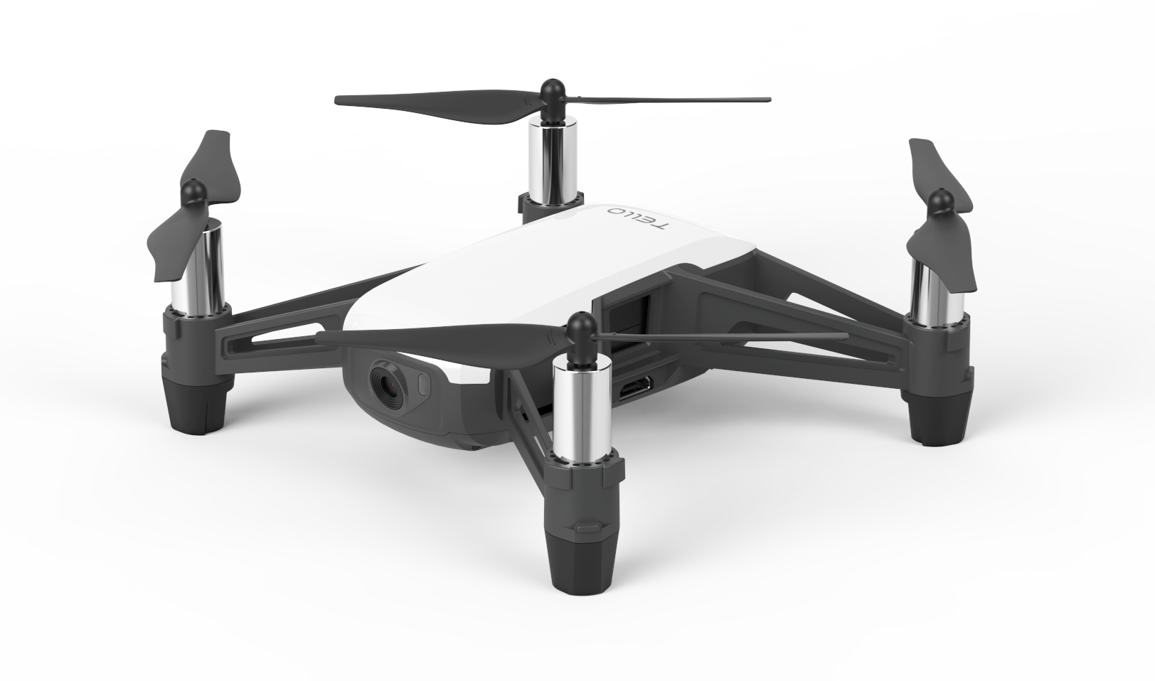 A white and gray drone with four propellers and a camera, on a gray background.