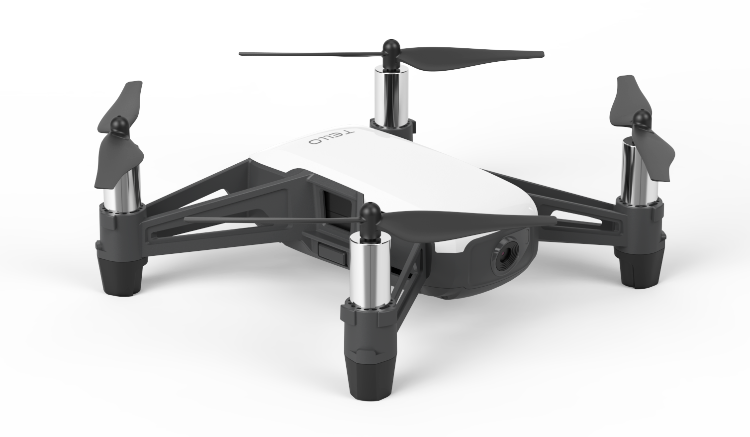 White and black Tello drone. Four propellers and a camera on the front.