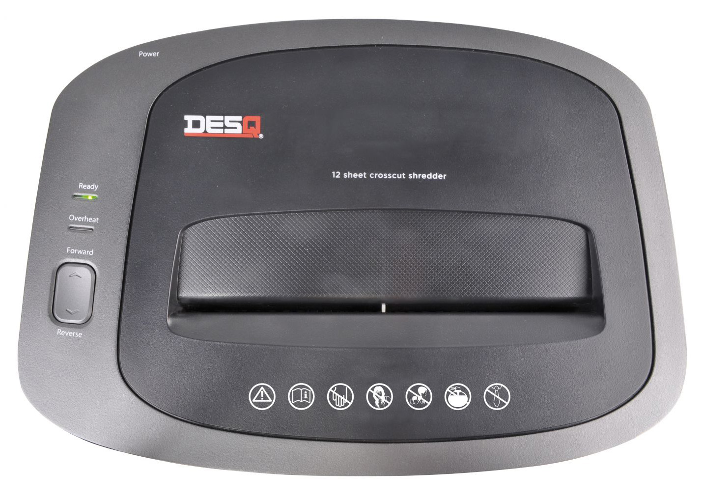 A black and gray DESQ 12-sheet crosscut shredder. Has forward, reverse buttons, and indicator lights.
