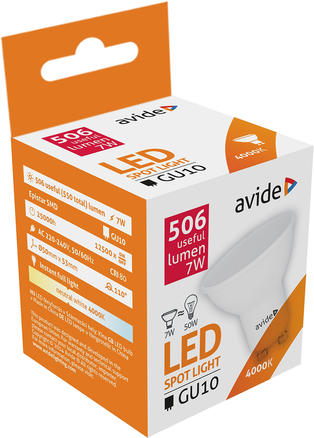 LED spotlámpa doboza. Narancs-fehér doboz termékadatokkal és a lámpa képével.