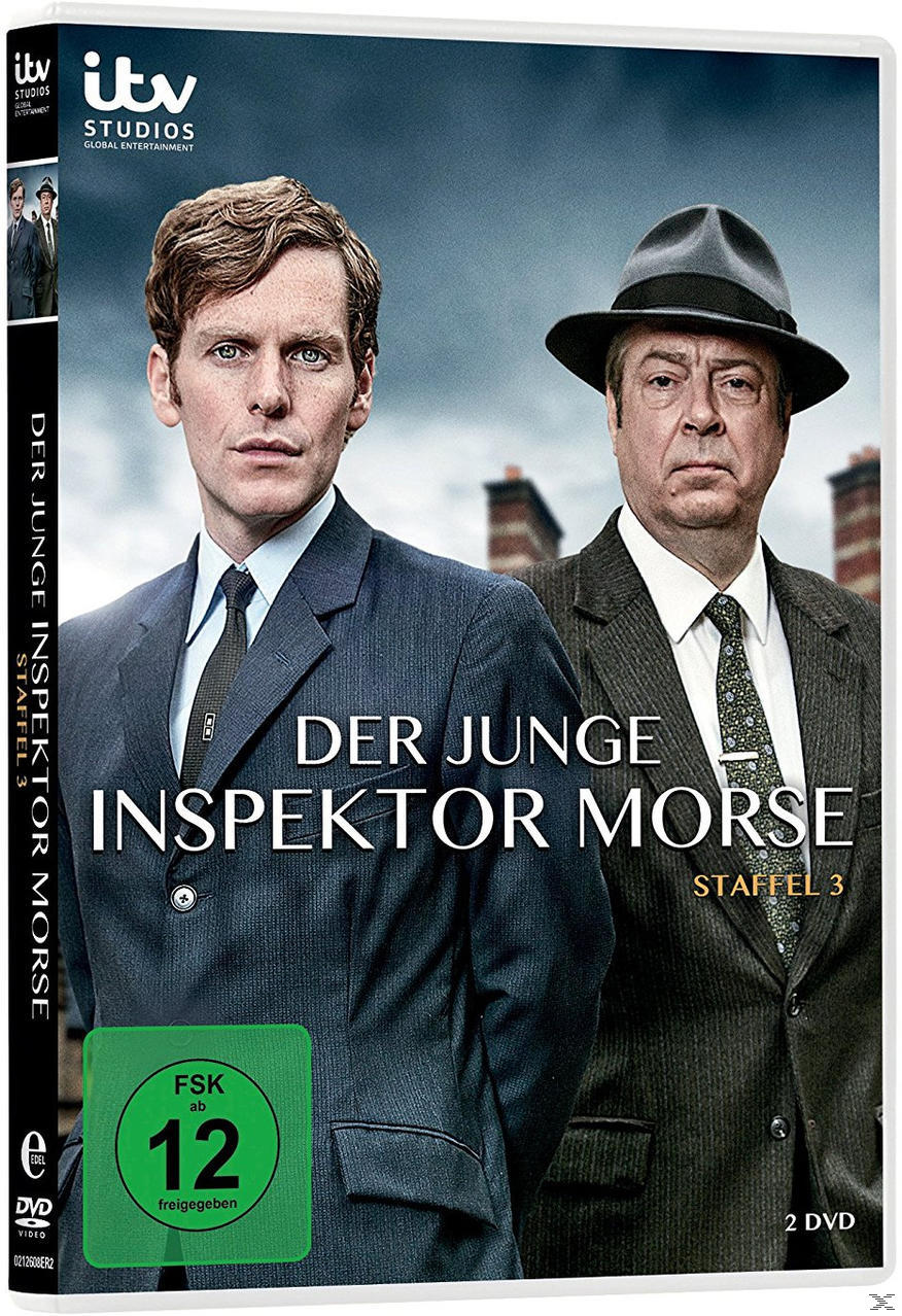 DVD-Cover der Serie 'Der junge Inspektor Morse', mit zwei Männern in Anzügen, Text und Logo.