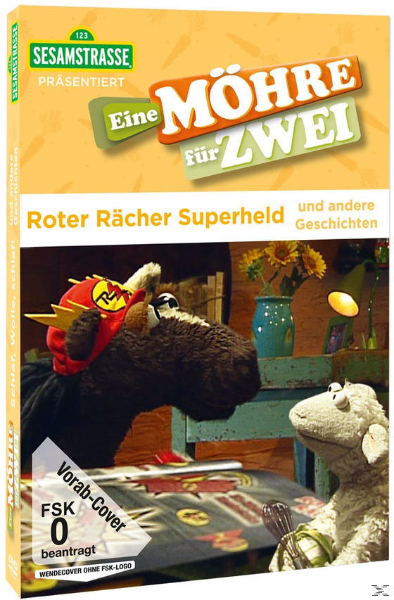 Sesamstraße DVD-Cover. Eine Puppe ist als Superheld verkleidet. Eine Schafpuppe.