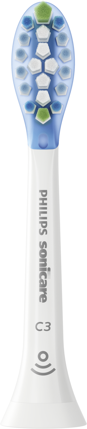 Een witte en blauwe Philips Sonicare tandenborstelkop, met een C3 label op de steel.