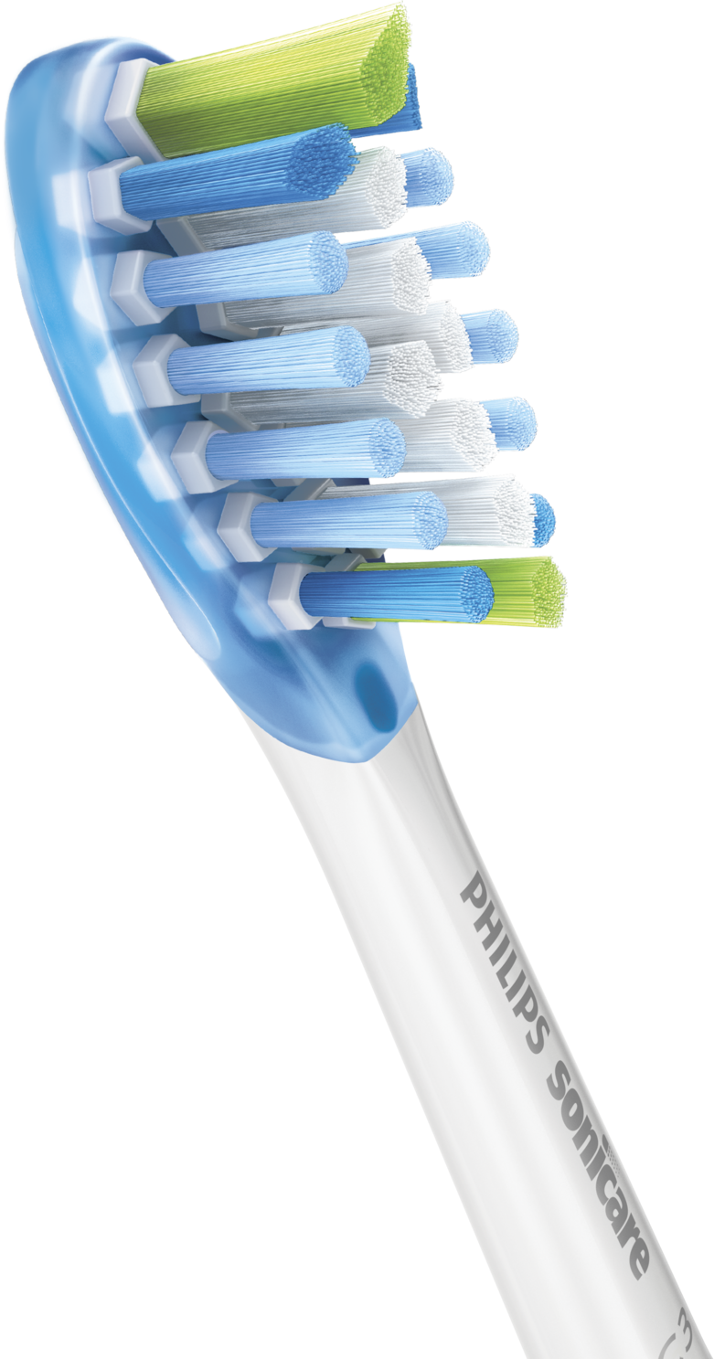 Close-up van een tandenborstelkop. Blauwe, witte en groene borstelharen. Philips Sonicare gedrukt.
