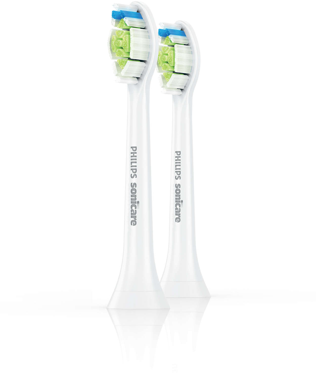 Twee Philips Sonicare tandenborstelkoppen. Ze zijn wit met groene en blauwe borstelharen, met de merknaam erop.