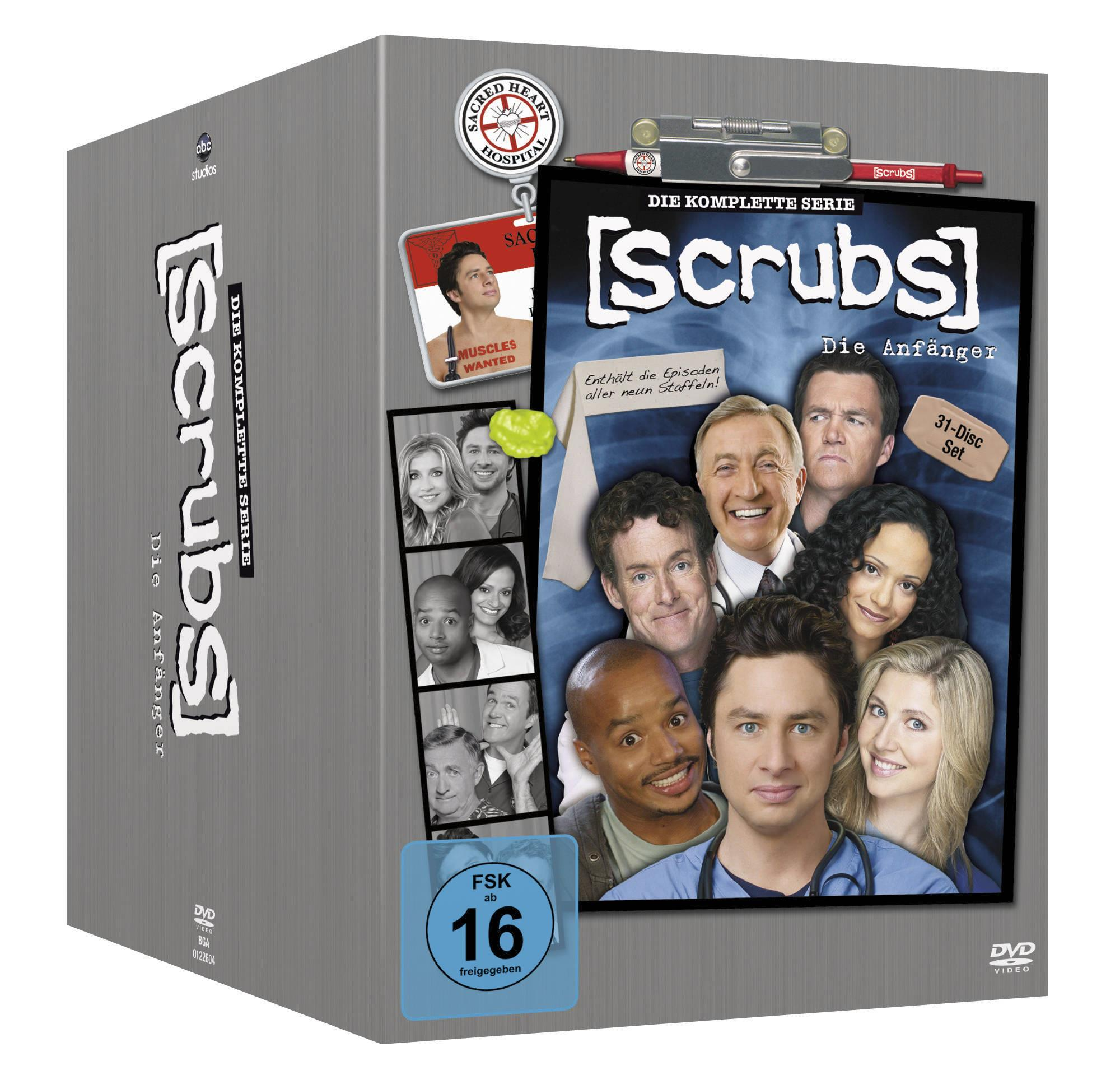 DVD-Box-Set der Fernsehserie Scrubs mit Fotos der Darsteller und dem Logo der Serie.
