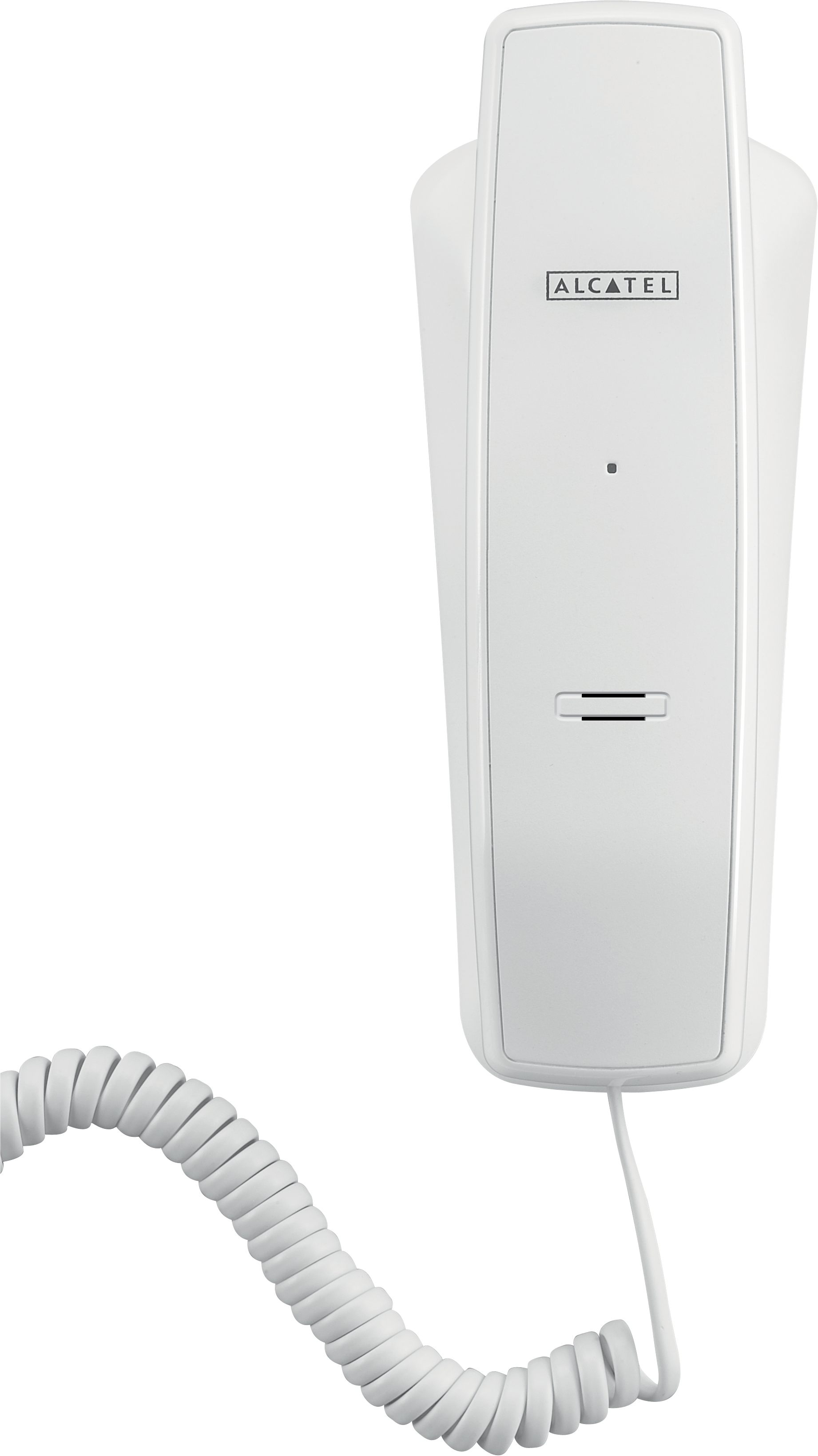 Fehér Alcatel fali telefon spirálkábellel. Van Alcatel logója, kis lámpája és kártyanyílása.