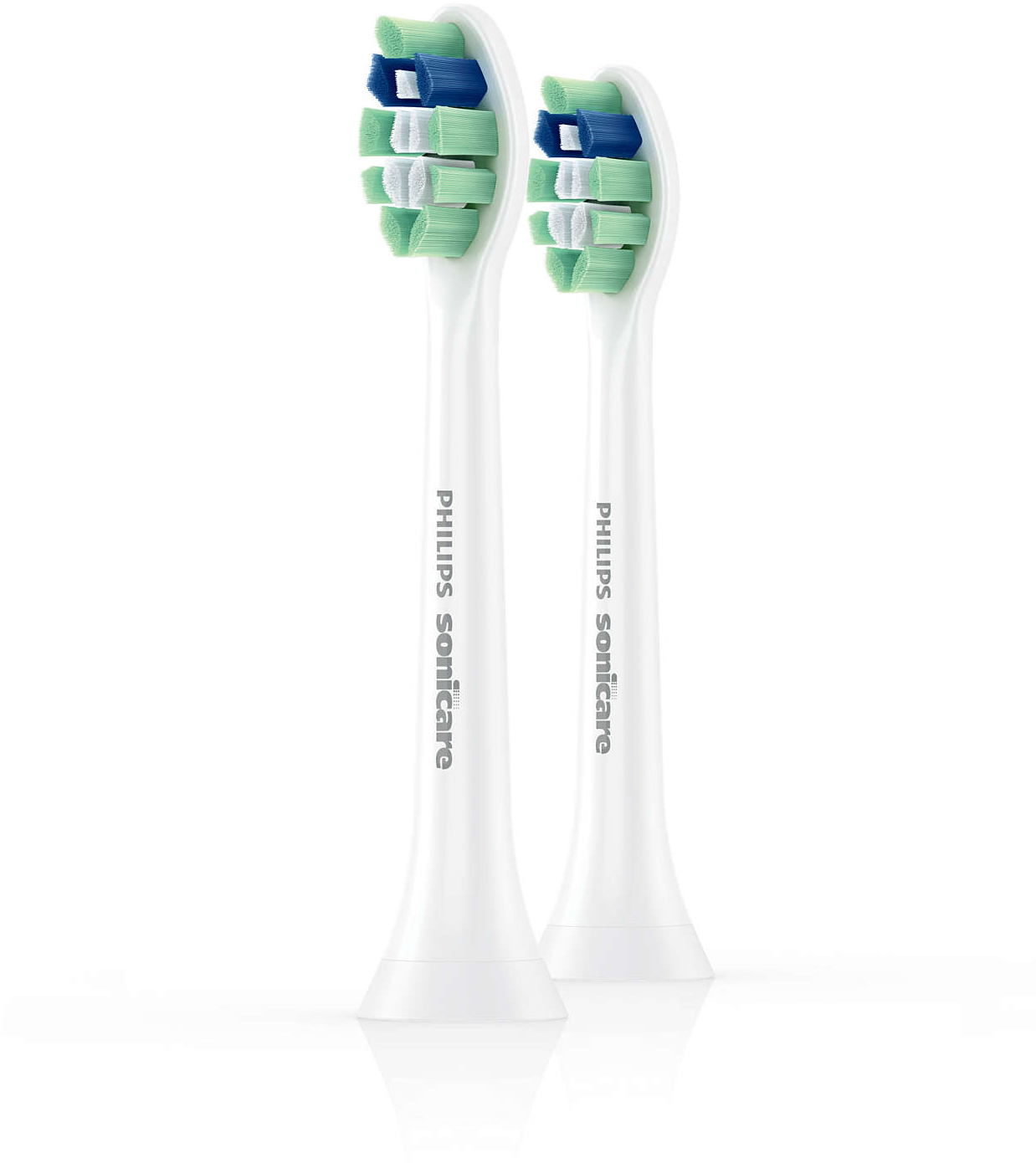 Deux têtes de brosse à dents Philips Sonicare blanches avec des poils verts et bleus.