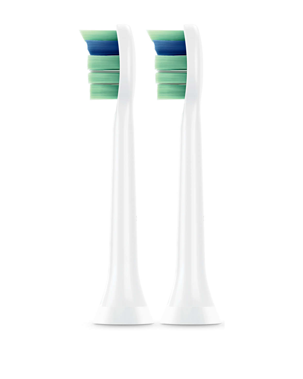 Deux têtes de brosse à dents blanches avec des poils verts et bleus. Manches blanches.