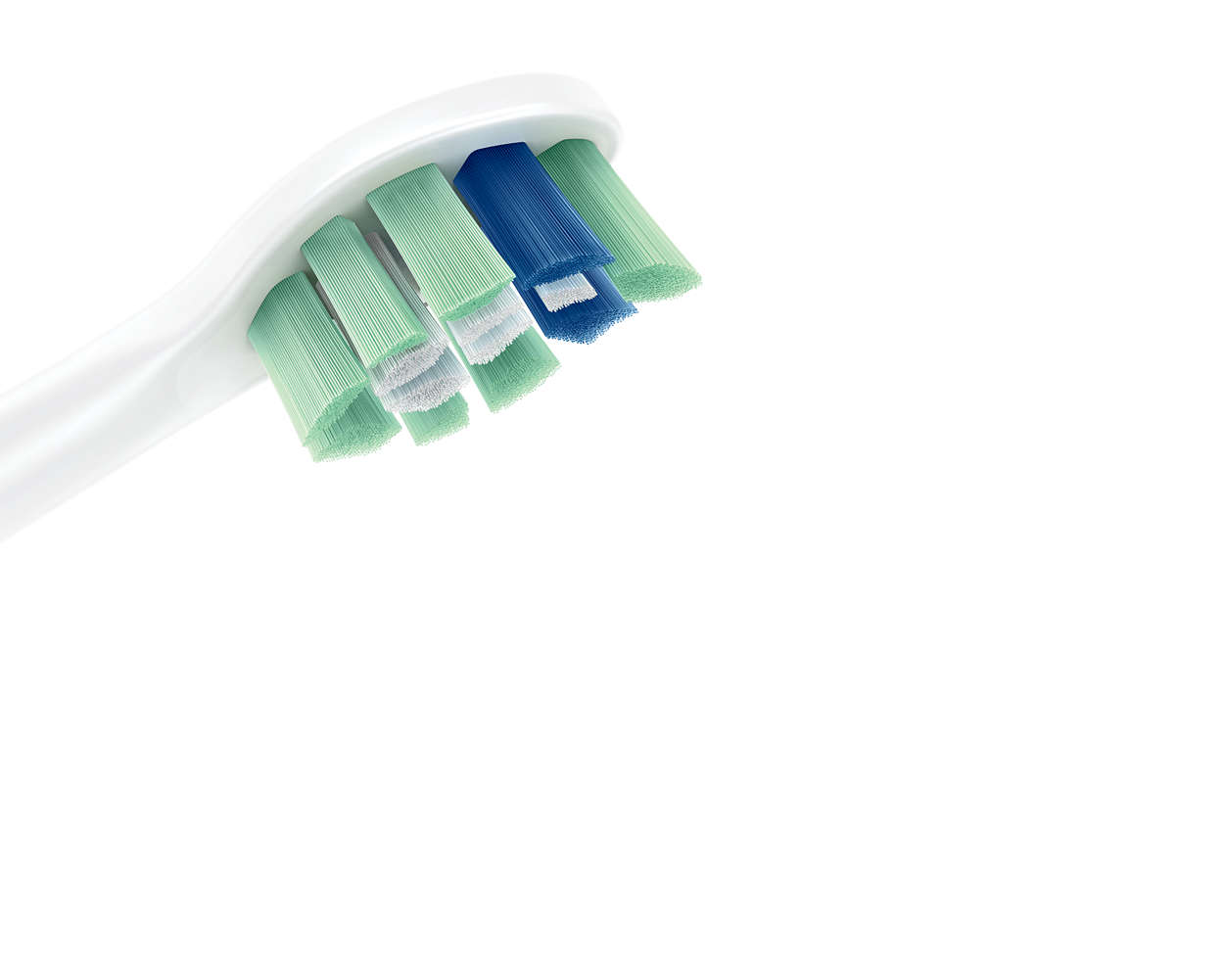 Gros plan d'une tête de brosse à dents avec des poils verts, bleus et blancs.