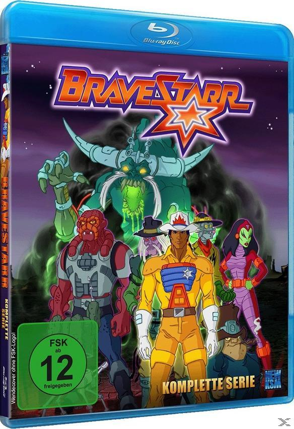 Blu-ray-Hülle für Bravestarr, Zeichentrickfiguren, lila Hintergrund.