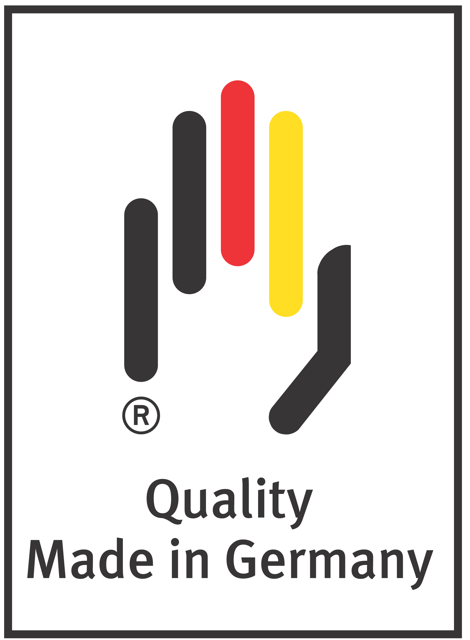 Qualität Made in Germany Logo. Hand mit deutschen Flaggenfarben. Weißer Hintergrund.