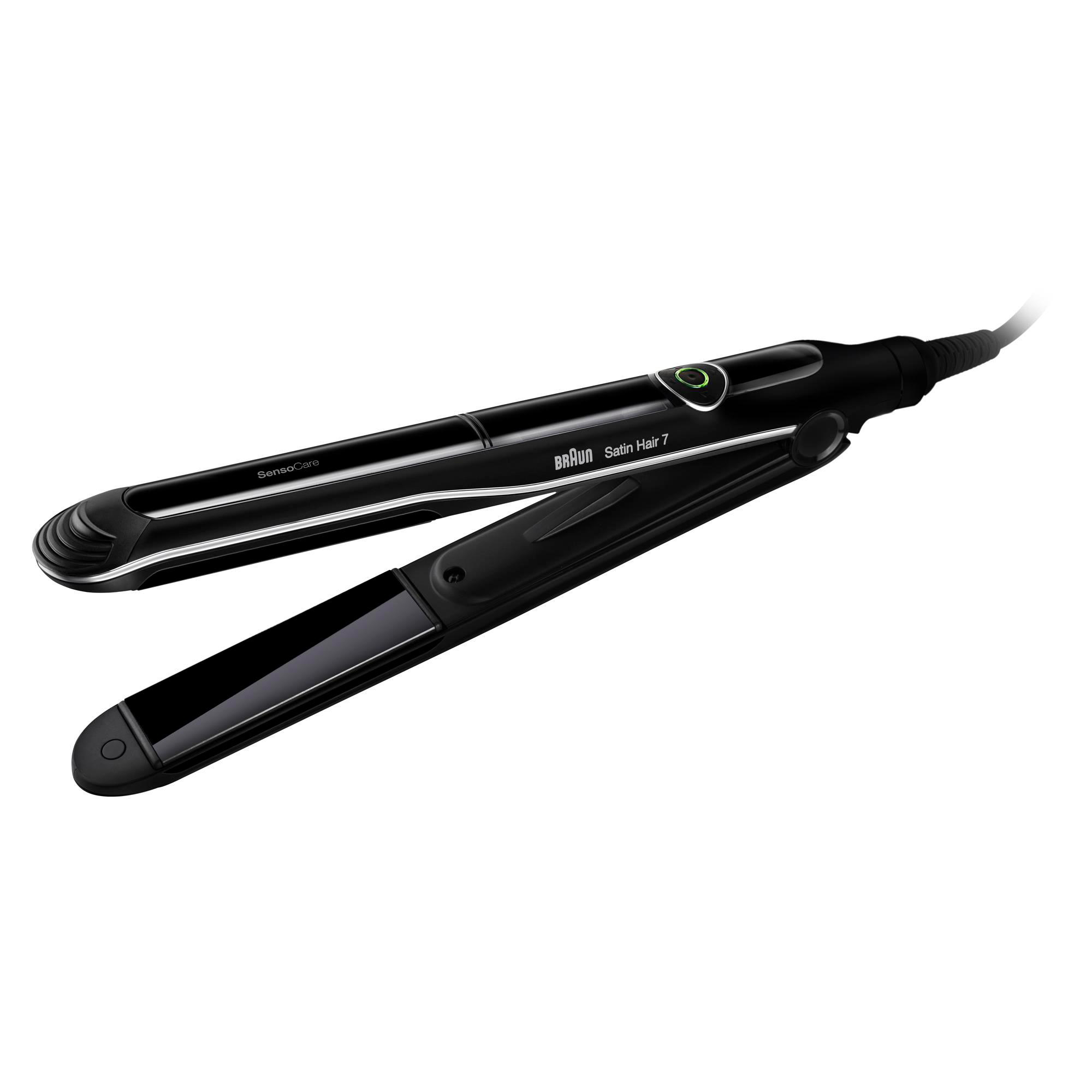 Schwarzer Braun Satin Hair 7 Haarglätter, offen, auf weißem Hintergrund.
