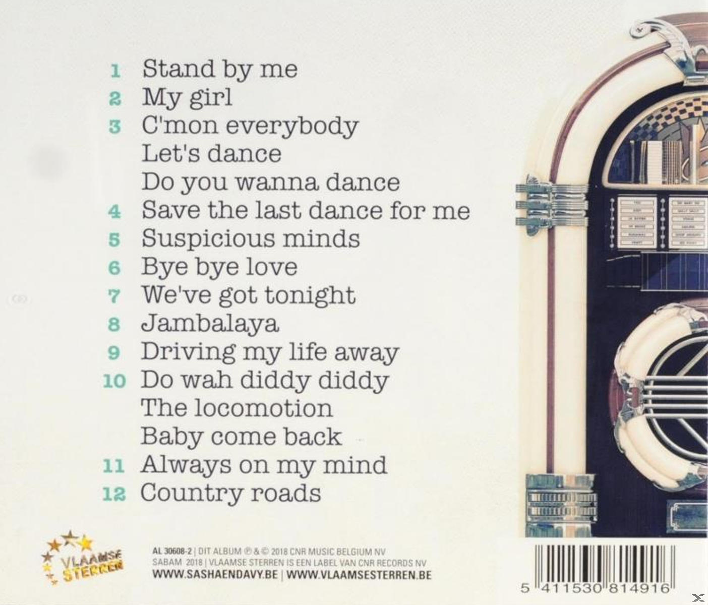 Dos d'un boîtier de CD avec titres de chansons et image de juke-box.