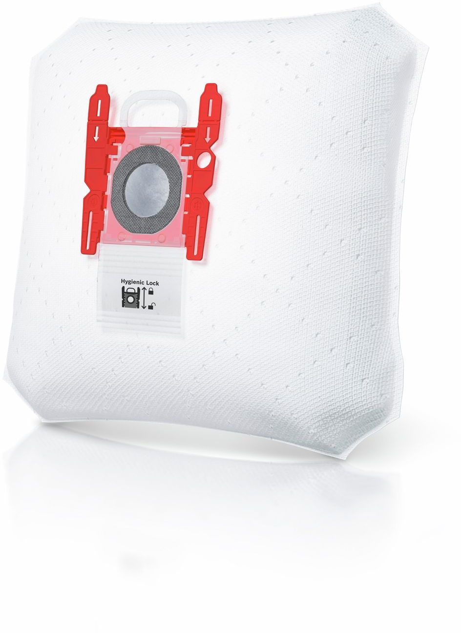 Weißer Staubsaugerbeutel mit roter und grauer Kunststoffhalterung. 'Hygienic Lock'-Etikett.
