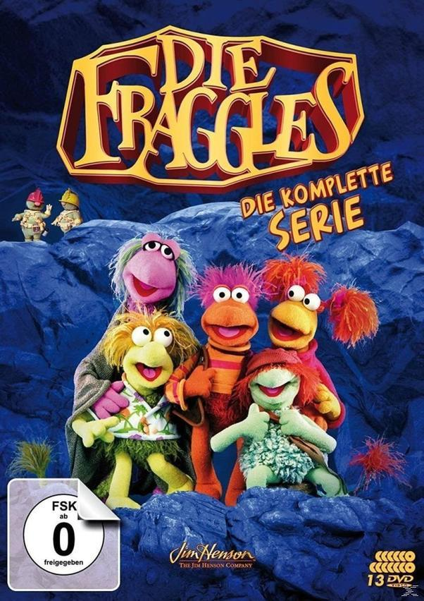 DVD-Cover: Die Fraggles, Die Komplette Serie. Gruppe von Fraggles-Puppen auf blauem Hintergrund.